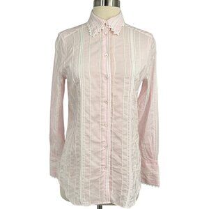 Bella Freud Button Down Shirt Pink Striped Scalloped Collar Cuffs Size 8 Preppy